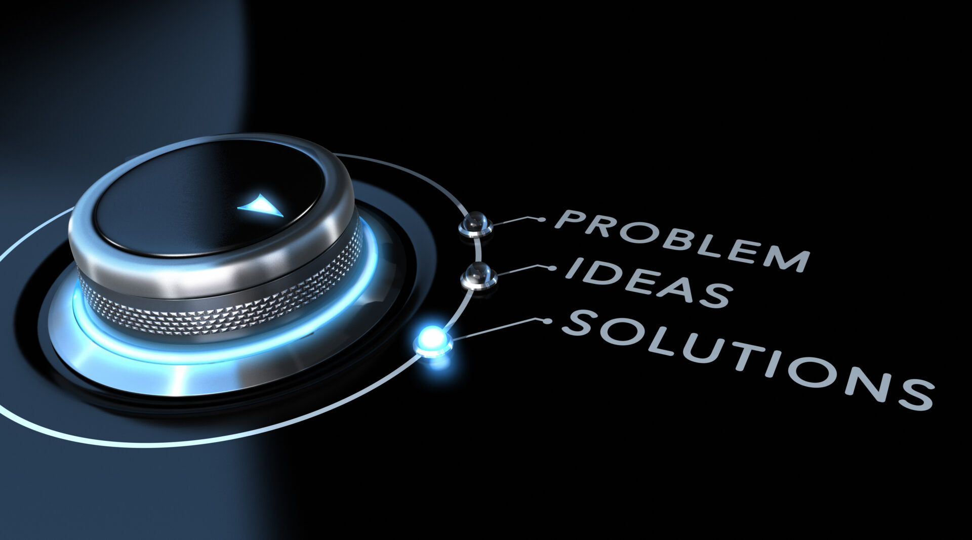 Solution switch positioned on the word solutions over black and blue background. Concept of problem solving.